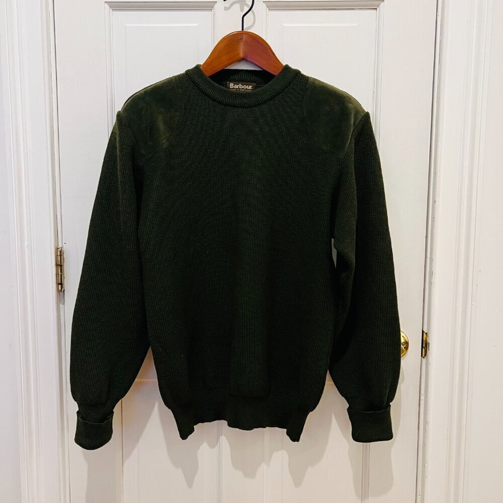 Barbour 100% Wool Suede leather Shoulder & Elbow Patch Gun Sweater Size Medium - Picture 14 of 16